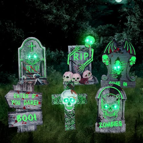 Halloween Tombstone Decorations - Glow in the Dark Outdoor Cemetery Set - 6 Pack with LED Lights - Spooky Yard Decor