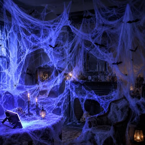 Halloween Spider Web Decorations with Black Light Lamp - 1000 Sq Ft Coverage, Includes Fake Spiders & Bats