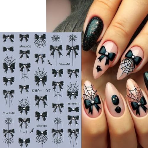Halloween Nail Art Stickers Set - Black Bow Blood Drops 3D Self-Adhesive Decals