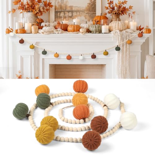 Halloween Crochet Pumpkin Garland with Wood Beads - Earth Tone, 6.5ft