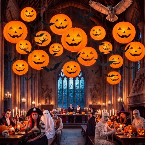 Halloween Party Decoration Set with Lanterns, Bats, LED Tea Lights & Hooks