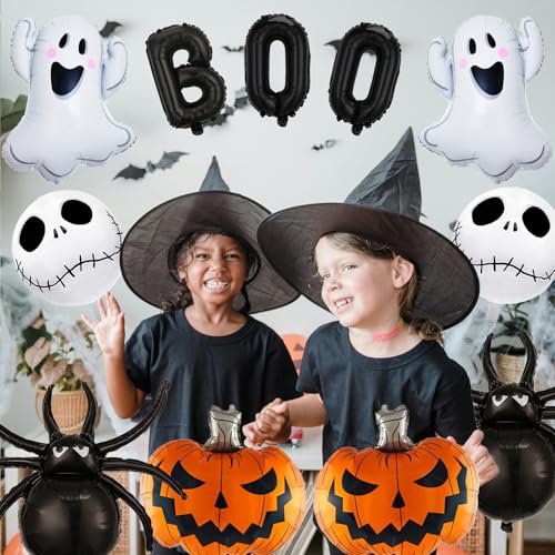 Halloween Balloon Decoration Kit with Ghost, Pumpkin, Skull & Spider Foil Balloons - 11 Pcs