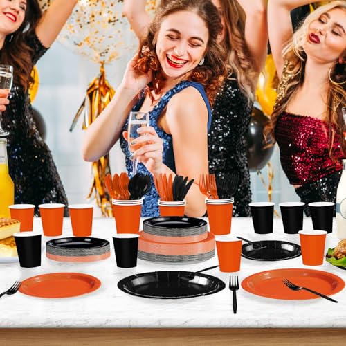 350Pcs Orange and Black Party Supplies Set for 50 Guests | Disposable Tableware Kit
