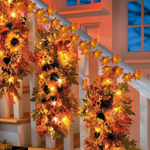 GOOTHY Orange Maple Leaf String Lights for Fall & Halloween Decor - 13.6Ft Outdoor LED Garland with 35 Leaves - Variation: Orange Leaf