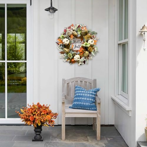 Fall Wreath 22 Inch Autumn Door & Wall Decor with Pumpkin Maple Leaves