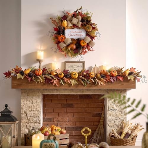 24-Inch Collapsible Pre-Lit Fall Pumpkin Wreath for Front Door