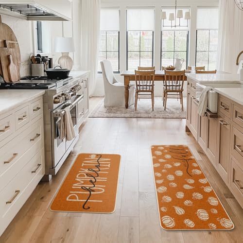 Pumpkin Fall Kitchen Mats Set of 2 - 17x29 & 17x47 Inches, Orange
