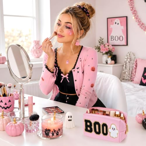 Halloween Makeup Bag Set - Black & Pink Cosmetic Pouches with Chenille BOO & Ghost Patches