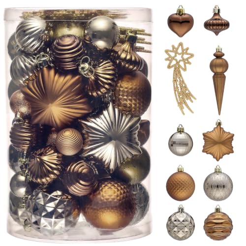 Christmas Tree Ornaments Set - Copper & Gold Holiday Decorations, Shatterproof, 60pcs - Valery Madelyn