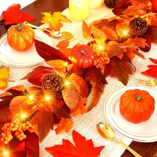 Orange Fall Garland with Lights and Timer - 6ft Autumn Decor with Pumpkins & Leaves