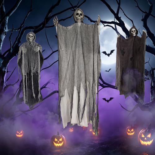 Hanging Skeleton Ghost Decorations Set with Adjustable Arms - Hat Variation