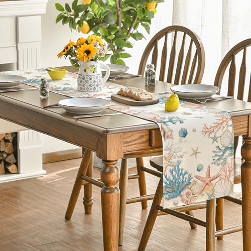 Summer Decorative Table Runner 13x72 Inch Coral Shell Pearl Design - Kitchen & Dining Decor