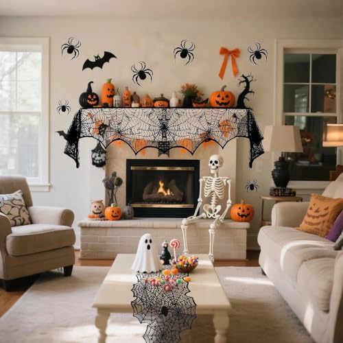 Heyigrow 15 Pcs Spider Web Halloween Decorations Set - Black Lace Cobweb Table Runner