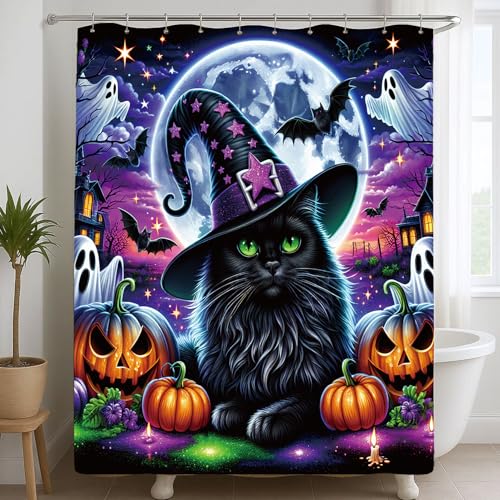 Halloween Shower Curtain with Spooky Castle and Black Cats - Waterproof Polyester