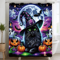 Halloween Shower Curtain with Spooky Castle and Black Cats - Waterproof Polyester