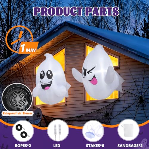 2 Pack Halloween Inflatable Window Ghosts with LED Lights - 2.6 FT Outdoor Decor