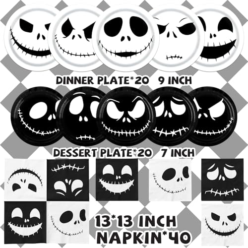 Black and White Halloween Party Plates Napkins Set for Nightmare Theme Celebrations