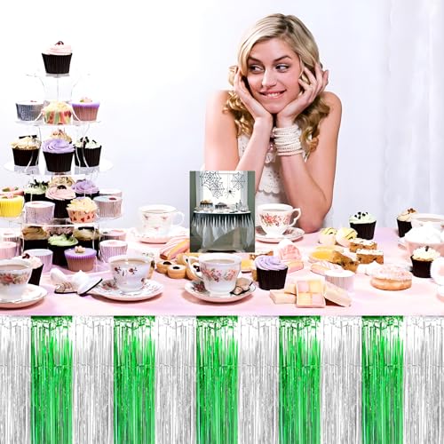Silver Green Foil Fringe Table Skirt 29x108 Inches for Party Decorations - 3 Pack