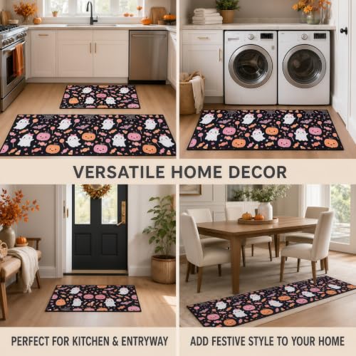 Pink Halloween Kitchen Mat Set of 2 Non Slip Ghost & Candy Rugs - Pink Ghost Candy