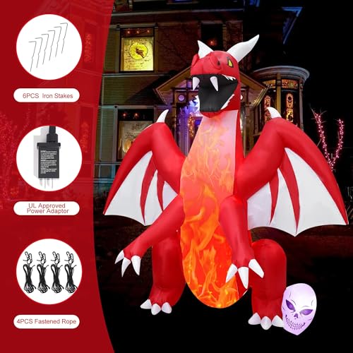 8FT Halloween Inflatable Red Dragon with Flame Lamp - Outdoor Yard Decoration