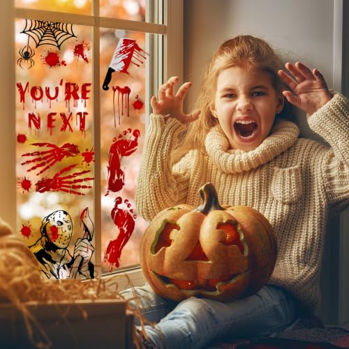 SUMELAY Red Halloween Window Cling Stickers - 9 Sheets Spooky Party Decorations