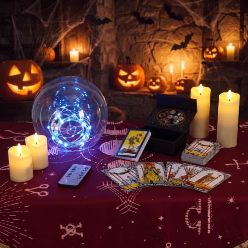 Halloween Globe Decoration Set with LED Candles and Tarot Cards - 14 Inch Clear Acrylic Globe with Blue String Lights
