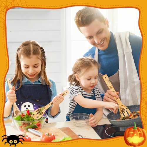 Halloween Wooden Kitchen Utensil Set with Apron - Spooky Decor & Cooking Tools