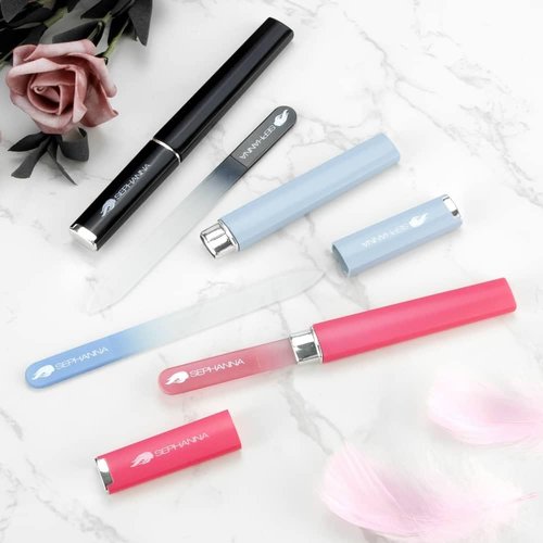 Skiennix Premium Crystal Glass Nail File - Double-Sided for Natural & Acrylic Nails | Portable Case Included (Black, Blue & Pink)