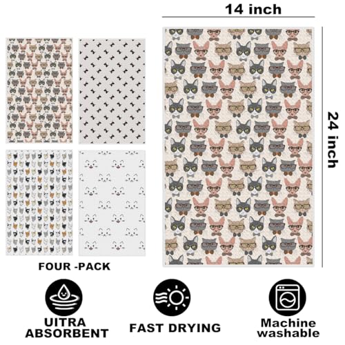 Jztco 4 Pcs Cute Cat Kitchen Towels - Multi 1418 Cat Gift Decorative Dish Towels