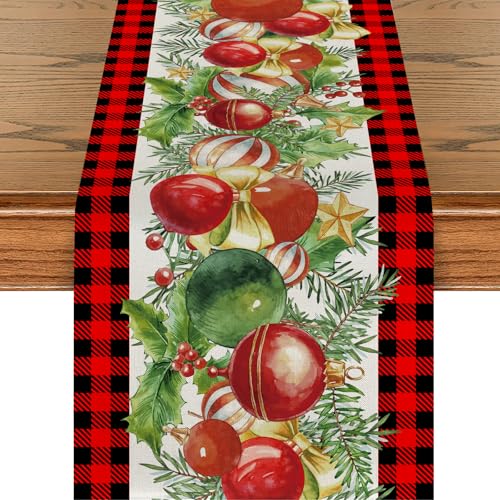 Christmas Gingham Table Runner 13x72 inch - Red & Black Plaid Holiday Decor