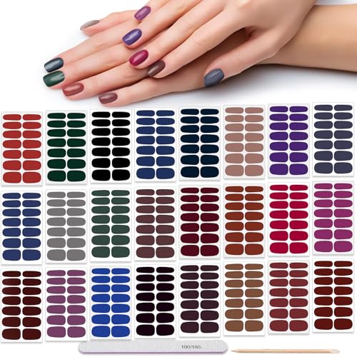 Dark Solid Color Glitter Nail Polish Strips - 24 Sheets with Bonus File & Cuticle Stick - Variation of Glitter & Solid Color-03