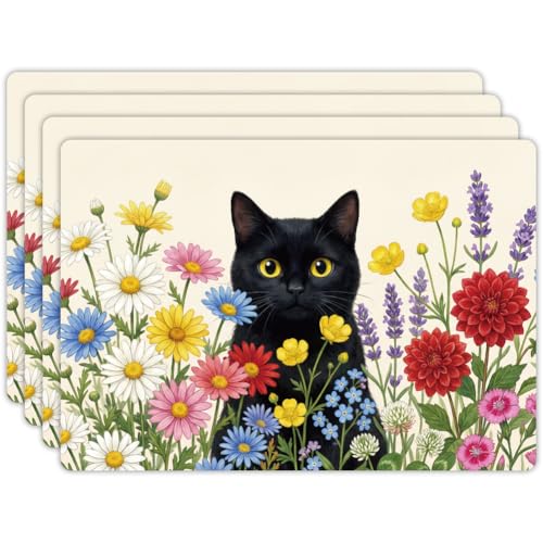 Faux Leather Cat & Flowers Placemats Set of 4 - Spring Inspired Table Decor