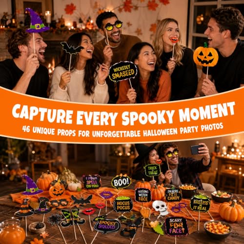 Halloween Photo Booth Props Kit - 30PCS with Stickers & Glue Dots - Pumpkin, Witch Hat, Skull, Bat, Spider - 46 Variation