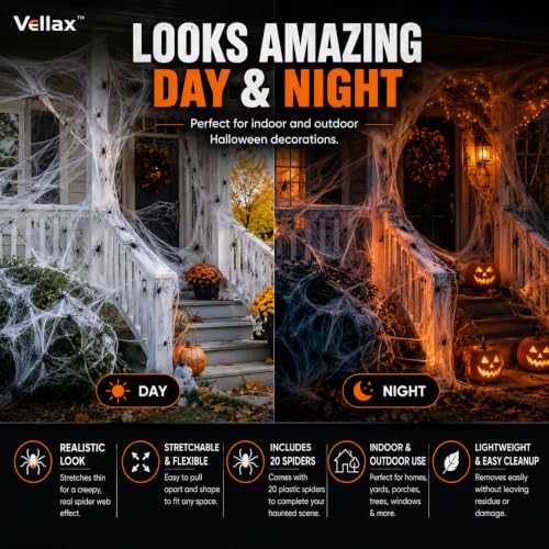 Vellax Halloween Spider Web Decorations with 20 Spiders - 200g Stretchable Cobweb for Indoor & Outdoor Use