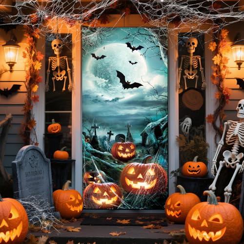 Halloween Door Cover 79x35 Inch Pumpkin Haunted House Decor Reusable Fabric Banner