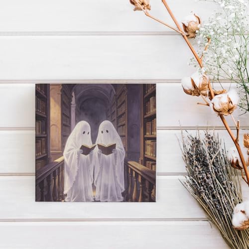 Ghost Library Wooden Sign - Halloween Book Decor for Home & Library - 5x5 Inch