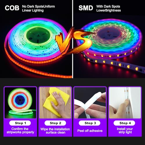 16.4ft RGB LED Strip Lights with Smart IC, 2880 LEDs, Bluetooth App Control
