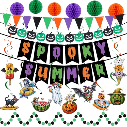 Summer Halloween Banner Decorations Set with Honeycomb Balls & Tropical Charms