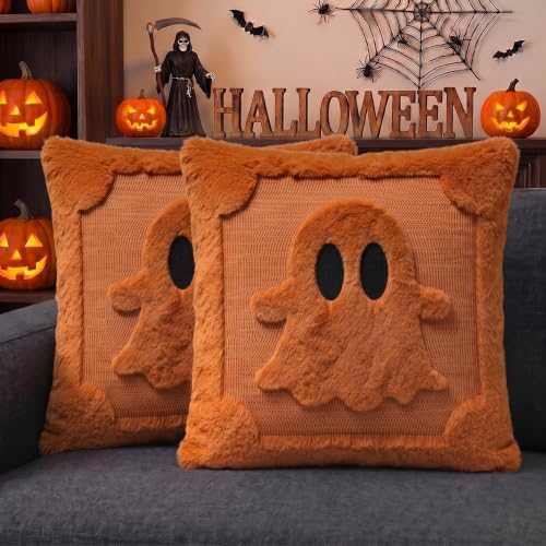 Halloween Ghost Caramel Throw Pillow Covers 18x18 Inch Set of 2 - Spooky Plush Faux Fur Decor