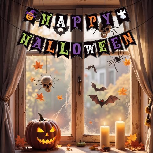 Halloween Decorations Indoor Banner Set with Pumpkin Ghost - White, Orange, Green, Purple