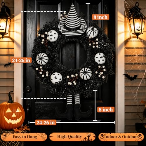 Halloween Wreath 24 Inch Front Door Decor with Striped Hat and Legs - Gothic Style Variation of Hat-Legs / 24"