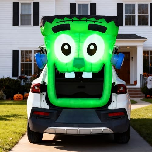 Inflatable Halloween Car Decoration with Built-in LEDs - Green Zombie Trick or Treat Yard Decor