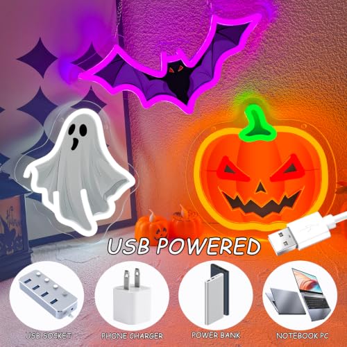 Halloween Neon Signs Set - Dimmable Pumpkin Ghost Bat LED Lights - Colorful Halloween 3pcs