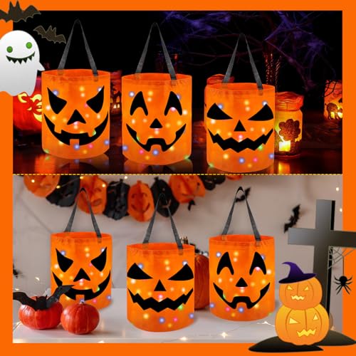 6 Pack LED Light Up Halloween Candy Buckets with Pumpkin Design