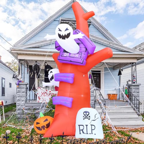 9 FT Halloween Inflatable Tree with Pumpkins, Ghosts, Tombstone & LED Lights Outdoor Decor