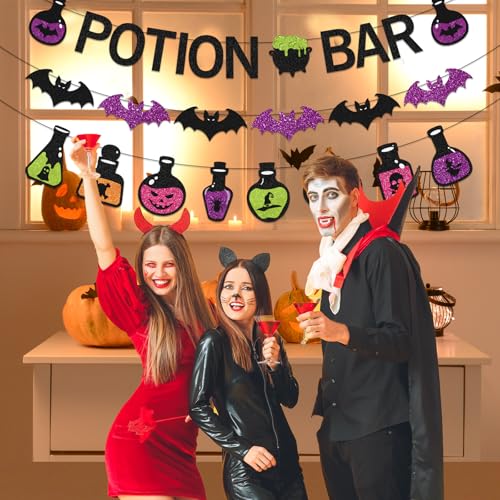 Halloween Potion Bar Banner with Glitter Potion Bottle Signs and Bat Decorations