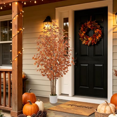 Artificial Eucalyptus Tree 6ft Fall Tree with Brown Trunks and Lifelike Leaves - Floriv