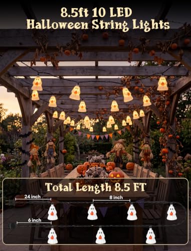 Halloween Ghost String Lights - 8.5Ft Plug-In LED Decor with 10 White Ghosts - Connectable Outdoor Lighting - Spooky Home & Garden Decoration