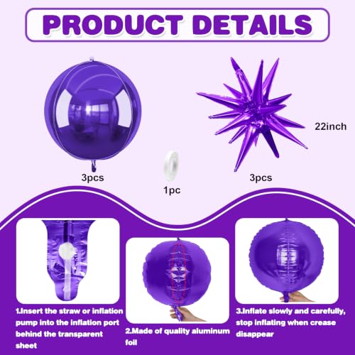 Purple Foil Balloons Set – 6pcs 22-Inch Star and Round Balloons for Party Decorations