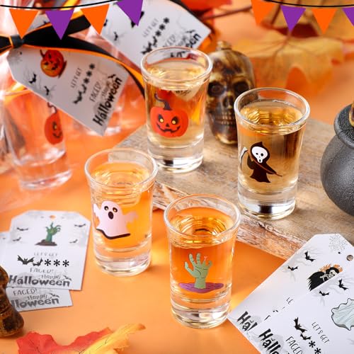 Halloween Shot Glasses Set - 24 Mini 1.5oz Glasses with Holiday Accessories